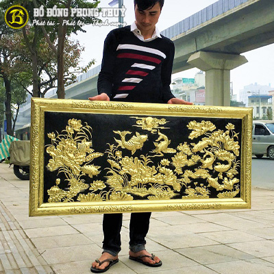 Tranh Đồng Cá Chép Hoa Sen 1m27 x 61cm Khung Liền Đồng