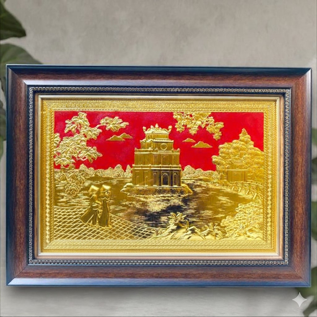 Tranh Hồ Gươm Tháp Rùa Bằng Đồng dát vàng (nền đỏ) quà tặng lưu niệm trang trọng