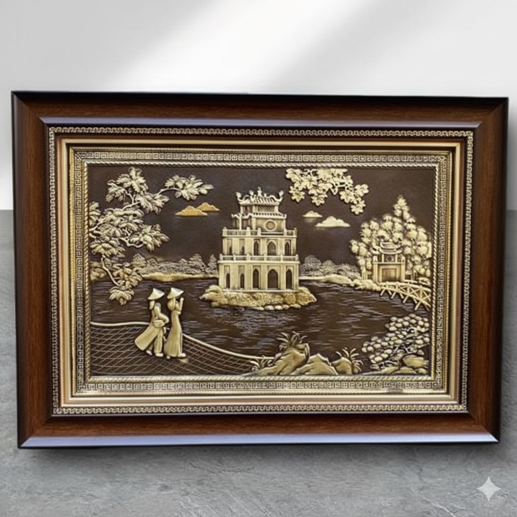 Tranh Tháp Rùa Hồ Gươm bằng đồng giả cổ 50x70 quà tặng lưu niệm ý nghĩa