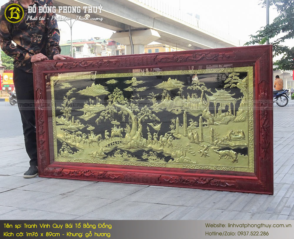 tranh vinh quy bái tổ bằng đồng 1m76 x 89cm khung gỗ hương