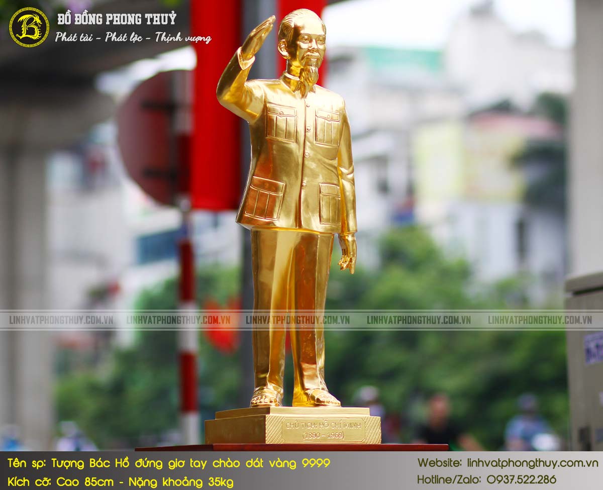 Tượng Bác Hồ Đứng Giơ Tay Chào Bằng Đồng Cao 85cm Dát Vàng 9999 - TBH013 7