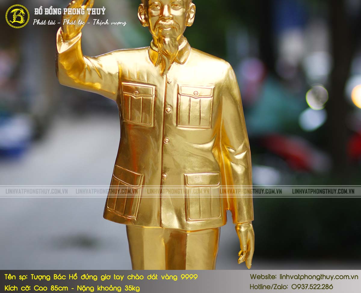 Tượng Bác Hồ Đứng Giơ Tay Chào Bằng Đồng Cao 85cm Dát Vàng 9999 - TBH013 4