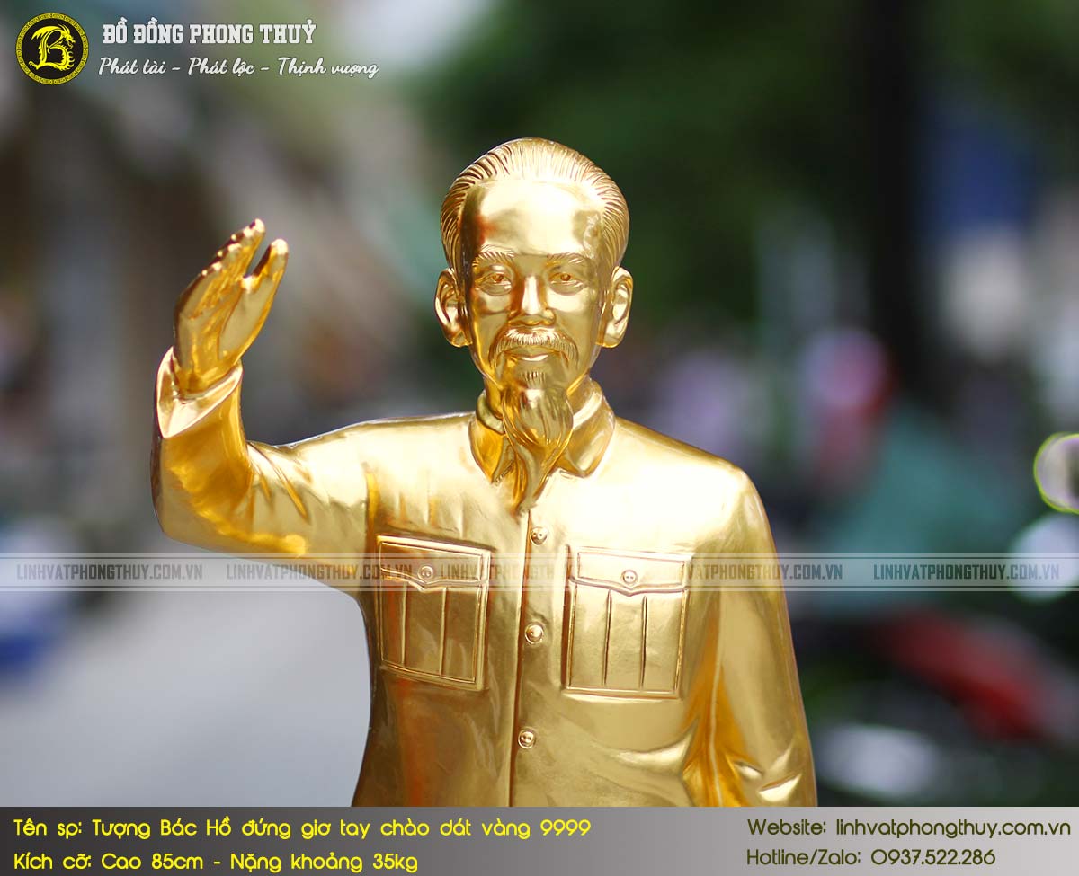 Tượng Bác Hồ Đứng Giơ Tay Chào Bằng Đồng Cao 85cm Dát Vàng 9999 - TBH013 3