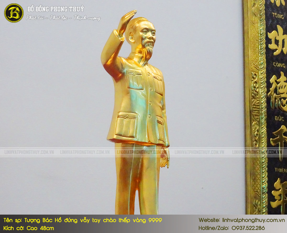 Tượng Bác Hồ Đứng Vẫy Tay Chào Bằng Đồng Cao 48cm Thếp Vàng 9999 - TBH001 4