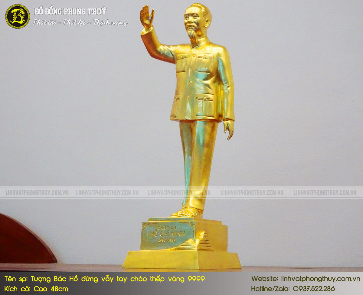 Tượng Bác Hồ Đứng Vẫy Tay Chào Bằng Đồng Cao 48cm Thếp Vàng 9999 - TBH001 5