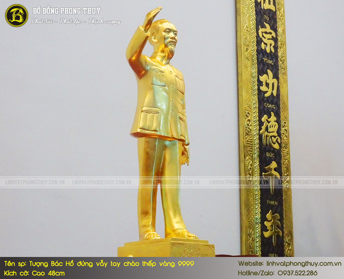 Tượng Bác Hồ Đứng Vẫy Tay Chào Bằng Đồng Cao 48cm Thếp Vàng 9999 - TBH001 6