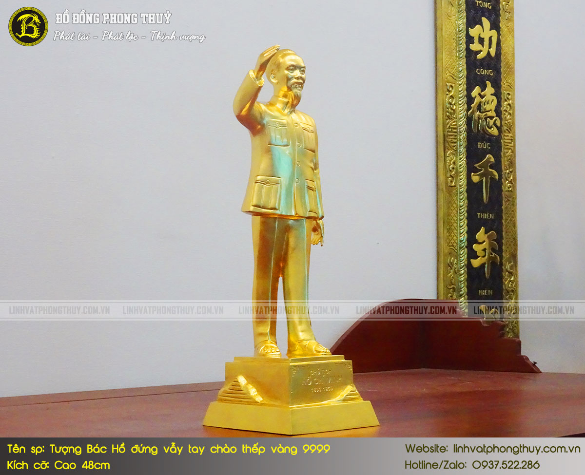 Tượng Bác Hồ Đứng Vẫy Tay Chào Bằng Đồng Cao 48cm Thếp Vàng 9999 - TBH001 2