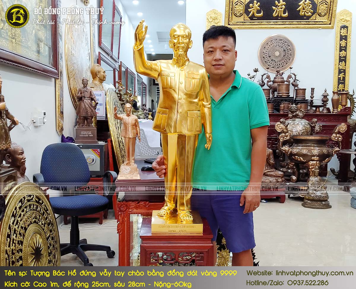 Tượng Bác Hồ Đứng Vẫy Tay Chào Bằng Đồng Cao 1m Dát Vàng 9999 - TBH017 2