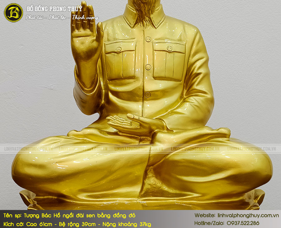 tượng Bác Hồ ngồi đài sen bằng đồng đỏ màu nhũ vàng cao 61cm