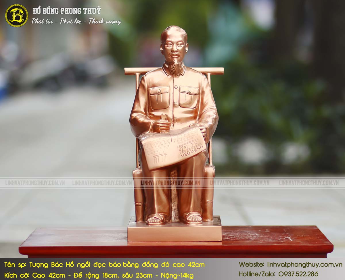 Tượng Bác Hồ Ngồi Đọc Báo Bằng Đồng Đỏ Cao 42cm - TBH018 2