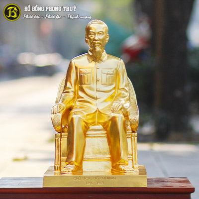 Tượng Bác Hồ Ngồi Ghế Mây Bằng Đồng Cao 50cm Dát Vàng 9999 - TBH013