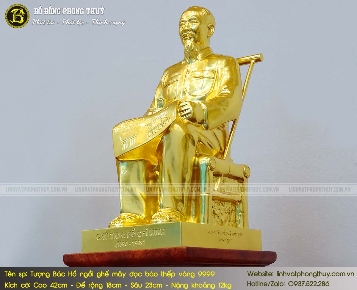 tượng Bác Hồ đứng vẫy tay chào bàng đồng đỏ cao 48cm dát vàng 9999