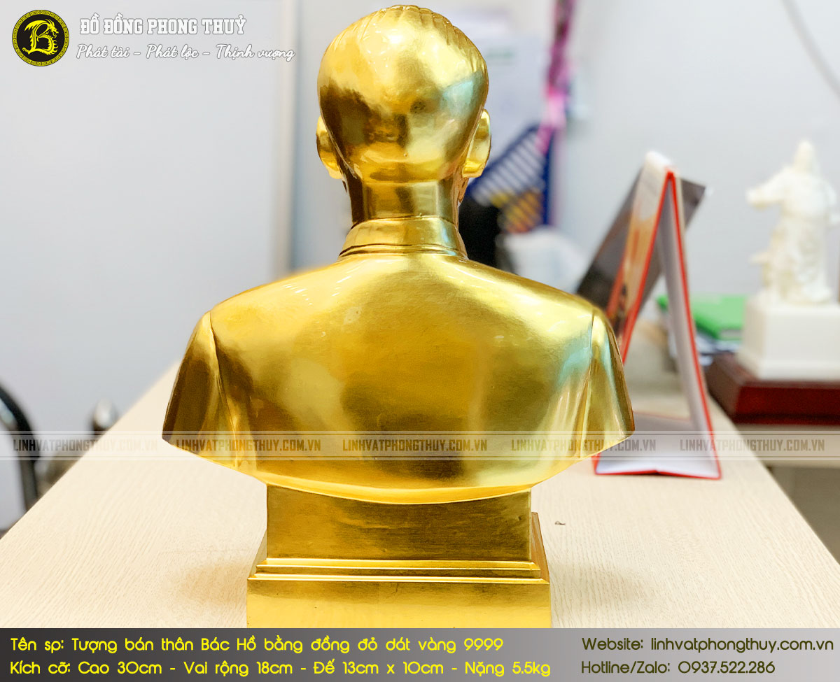 tượng bán thân Bác Hồ bằng đồng đỏ dát vàng 9999 cao 30cm