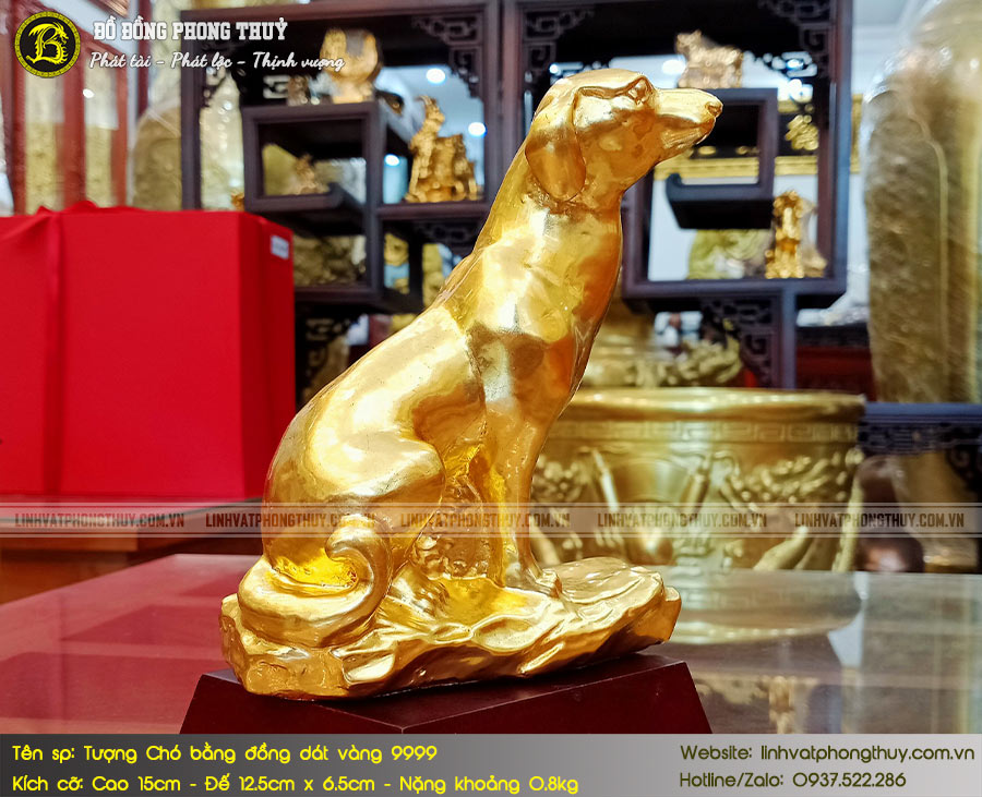 tượng chó bằng đồng dát vàng 9999 cao 15cm