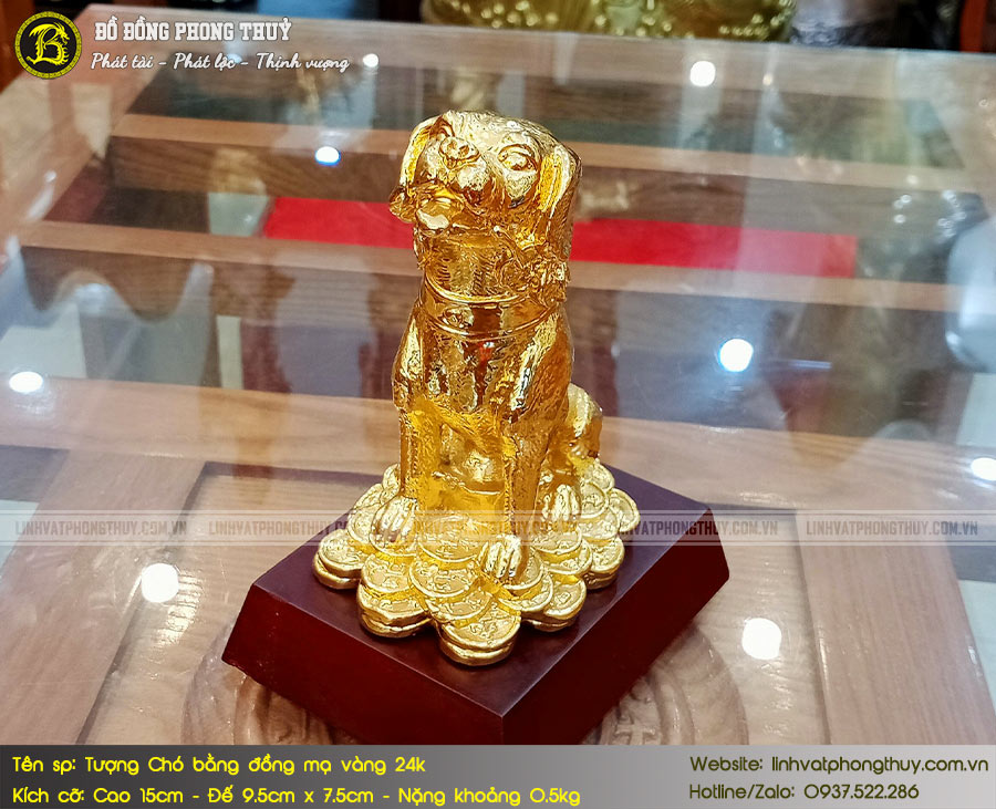 tượng chó bằng đồng mạ vàng 24k cao 15cm