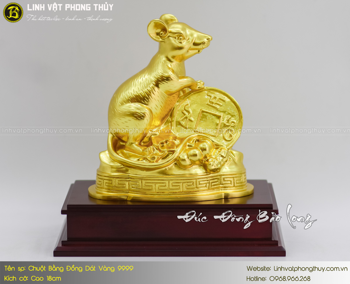 tượng chuột bằng đồng cao 18cm dát vàng 9999