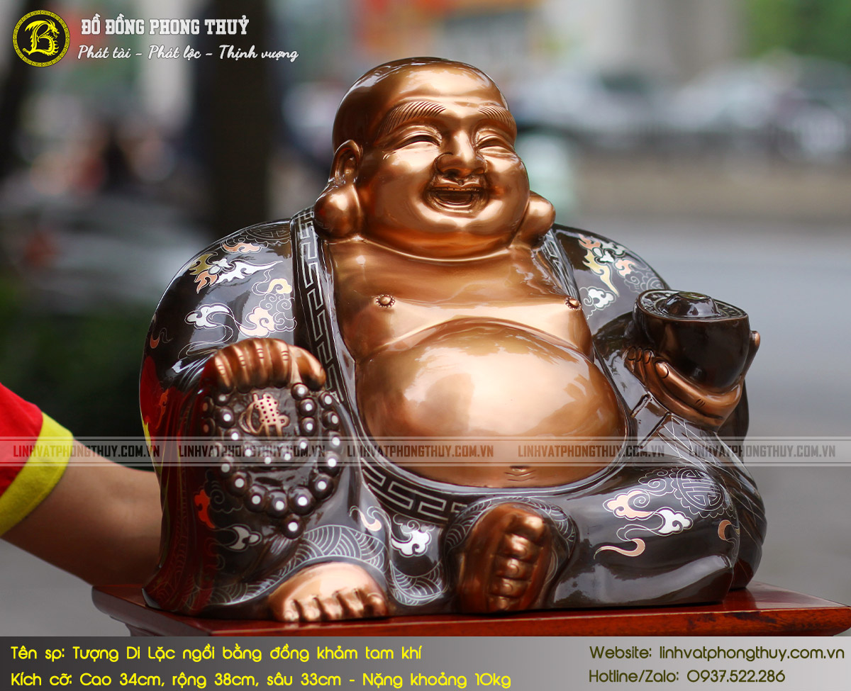 Tượng Phật Di Lặc Bằng Đồng Khảm Tam Khí Cao 34cm - TDL002 3