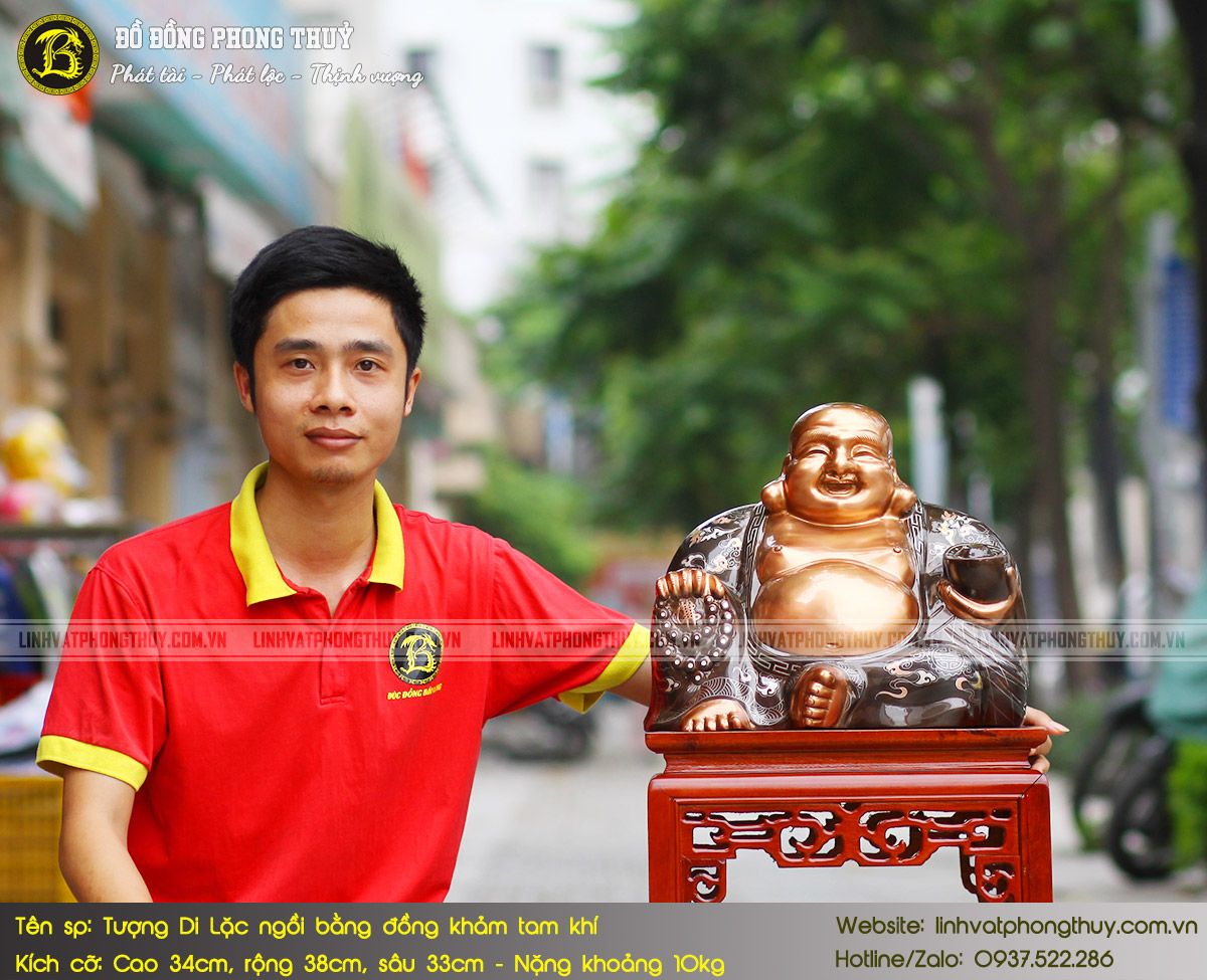 tượng Phật Di Lặc bằng đồng khảm tam khí cao 34cm