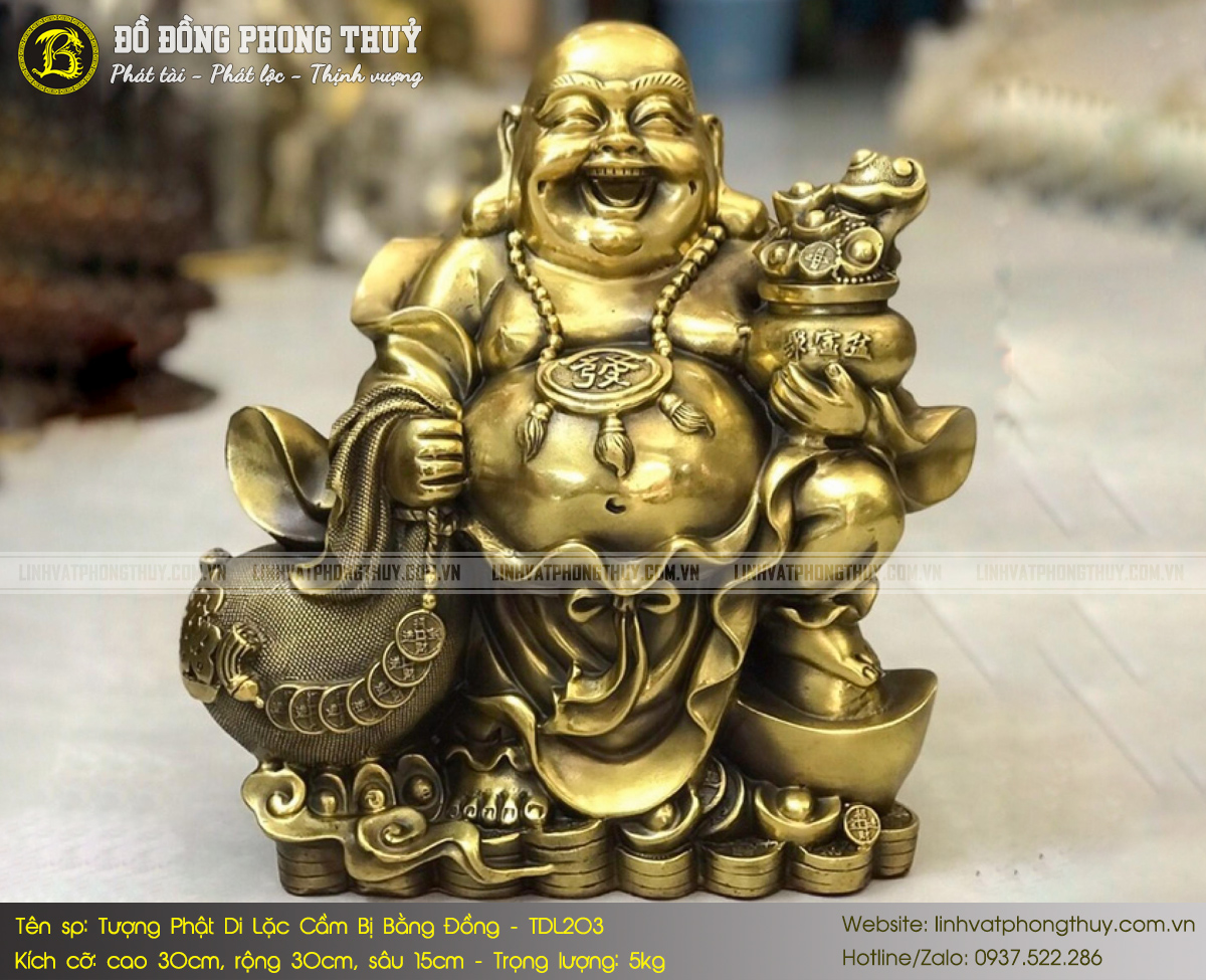 Tượng Phật Di Lặc Cầm Bị Bằng Đồng Cao 30cm - TDL203 2