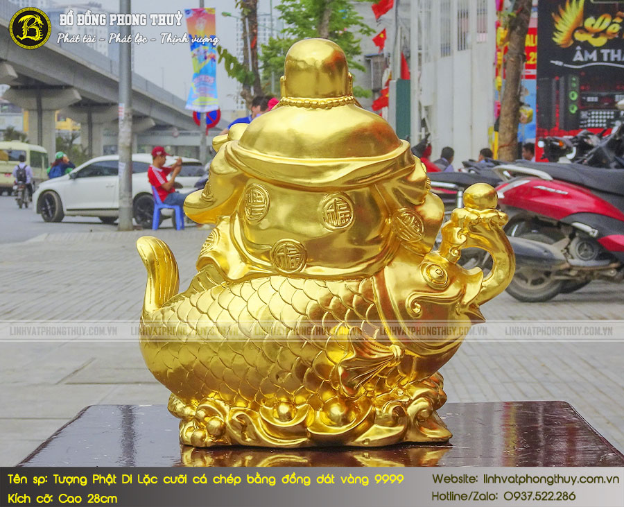 Tượng Phật Di Lặc Cưỡi Cá Chép Bằng Đồng Dát Vàng 9999 Cao 28cm 6