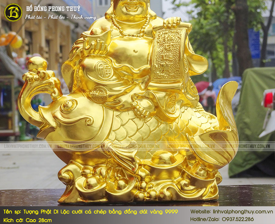 Tượng Phật Di Lặc Cưỡi Cá Chép Bằng Đồng Dát Vàng 9999 Cao 28cm 4
