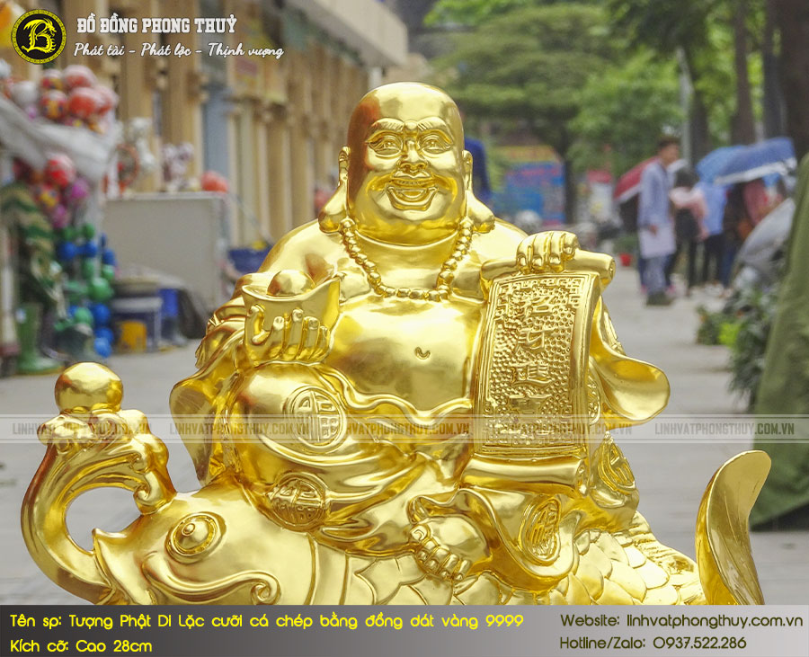 Tượng Phật Di Lặc Cưỡi Cá Chép Bằng Đồng Dát Vàng 9999 Cao 28cm 3
