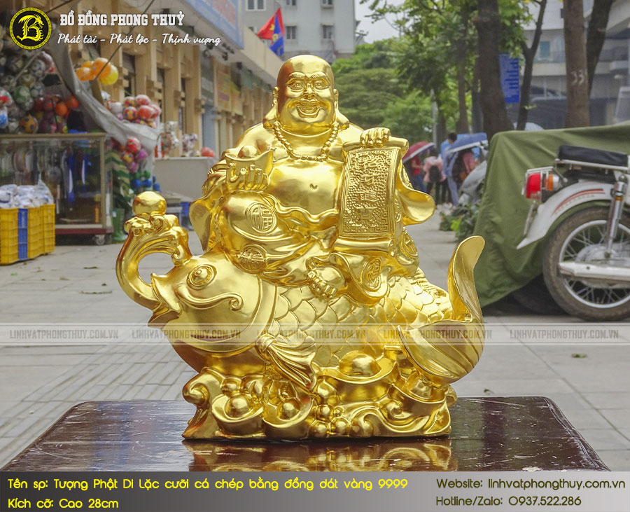 Tượng Phật Di Lặc Cưỡi Cá Chép Bằng Đồng Dát Vàng 9999 Cao 28cm 2