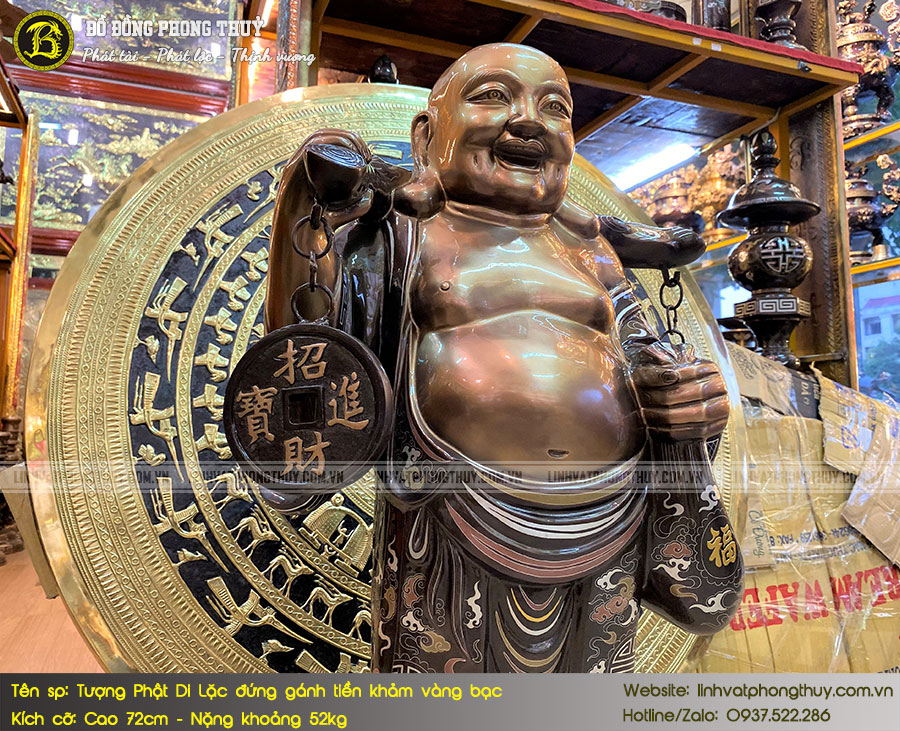 tượng Phật Di Lặc gánh tiền bằng đồng khảm vàng bạc cao 72cm