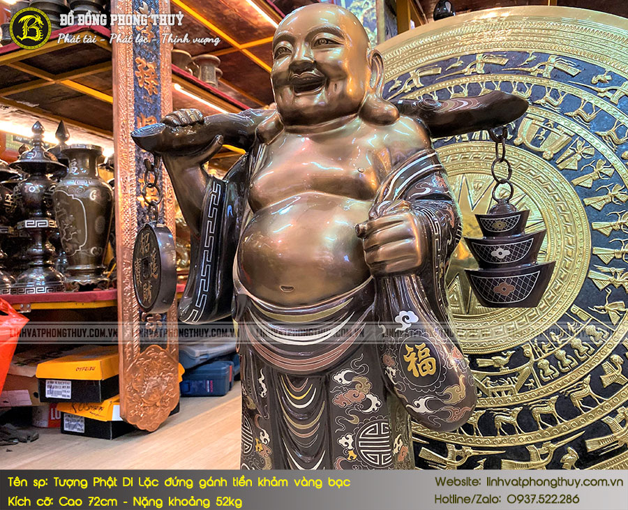Tượng Phật Di Lặc Đứng Gánh Tiền Bằng Đồng Khảm Vàng Bạc Cao 72cm - TDL009 5