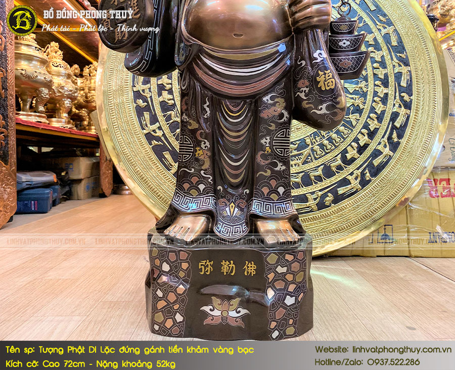 Tượng Phật Di Lặc Đứng Gánh Tiền Bằng Đồng Khảm Vàng Bạc Cao 72cm - TDL009 4