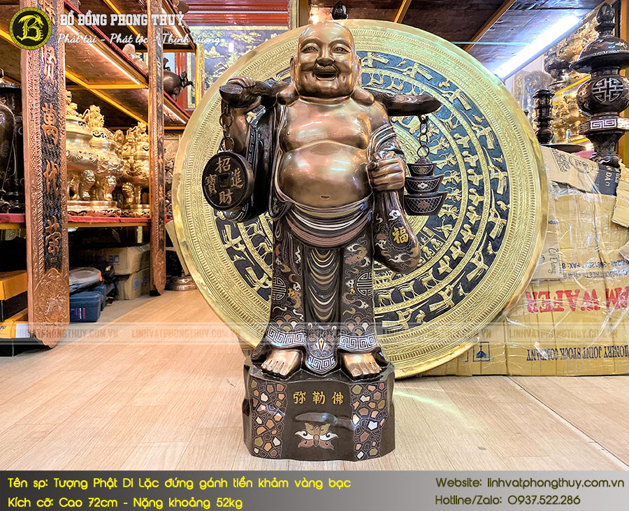 Tượng Phật Di Lặc Đứng Gánh Tiền Bằng Đồng Khảm Vàng Bạc Cao 72cm - TDL009 2