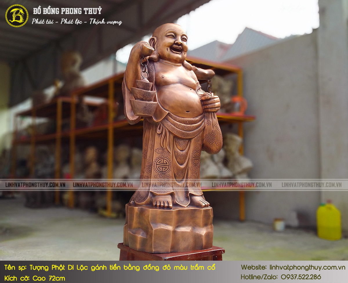 Tượng Phật Di Lặc Gánh Tiền Bằng Đồng Đỏ Màu Trầm Cổ Cao 72cm - TDL004 6