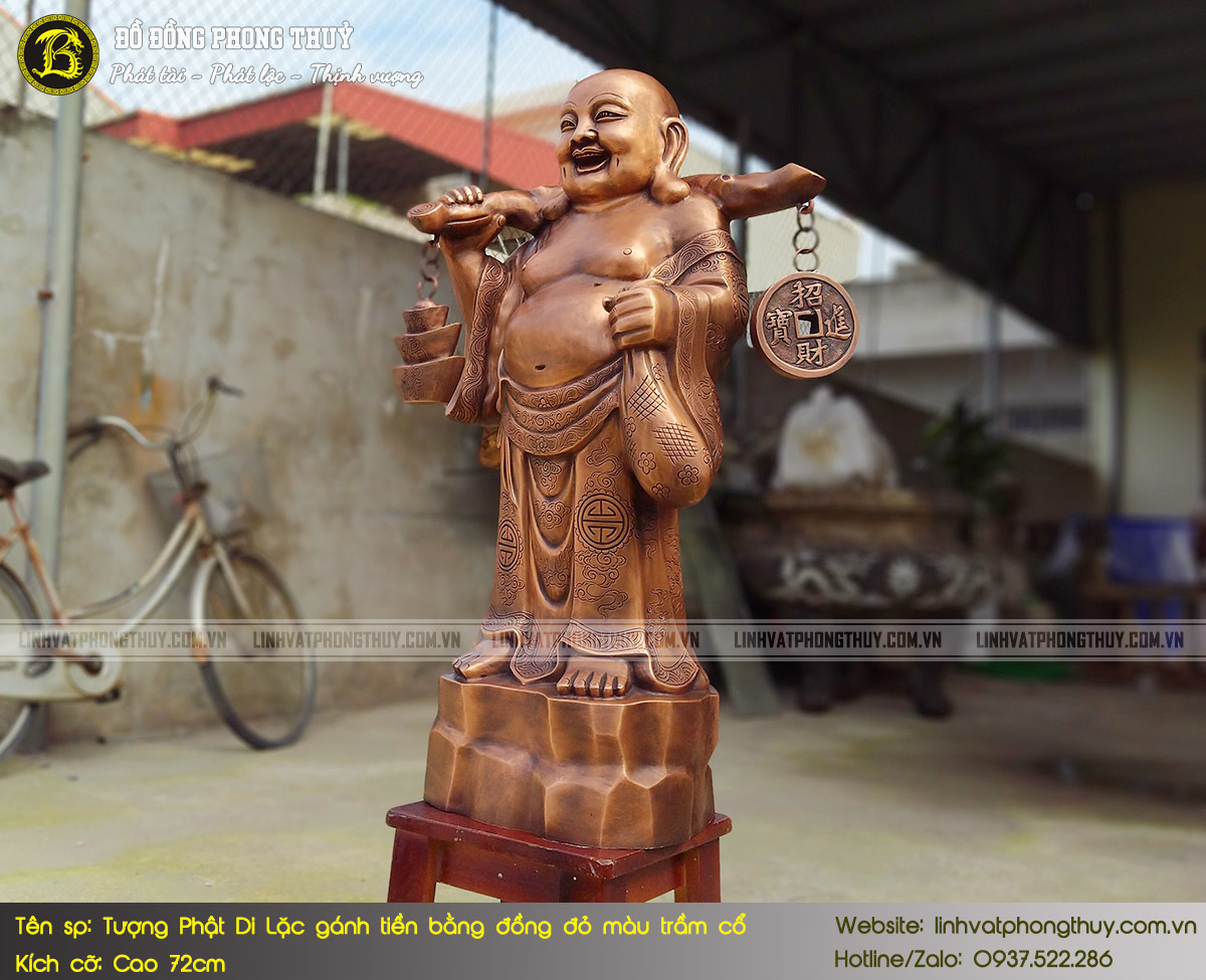 tượng Phật Di Lặc gánh tiền bằng đồng đỏ màu trầm cổ cao 72cm