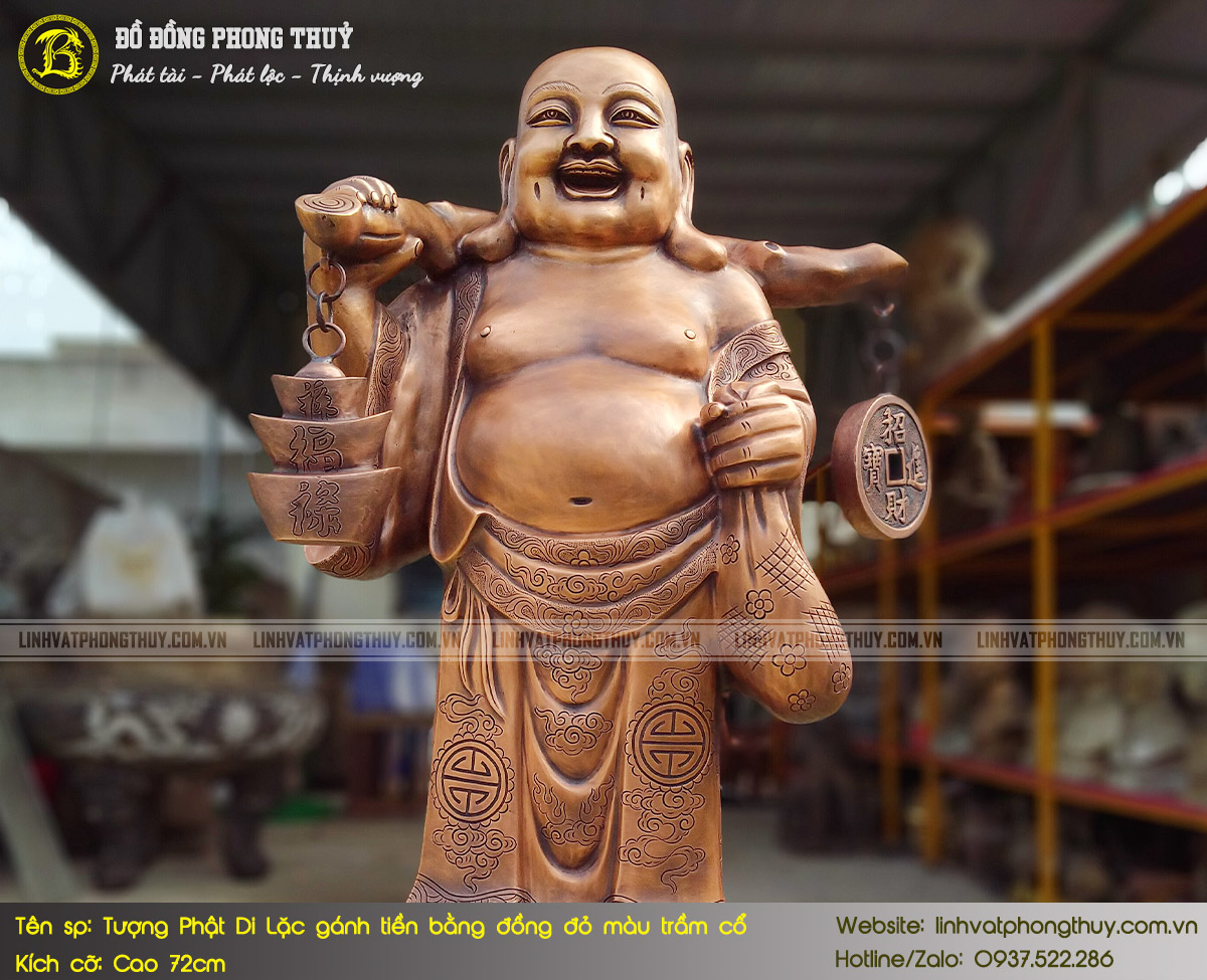Tượng Phật Di Lặc Gánh Tiền Bằng Đồng Đỏ Màu Trầm Cổ Cao 72cm - TDL004 3