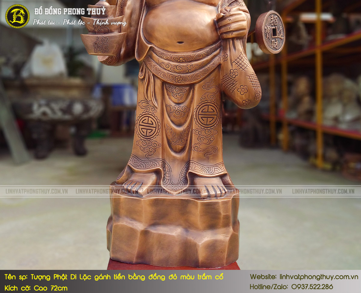 Tượng Phật Di Lặc Gánh Tiền Bằng Đồng Đỏ Màu Trầm Cổ Cao 72cm - TDL004 4