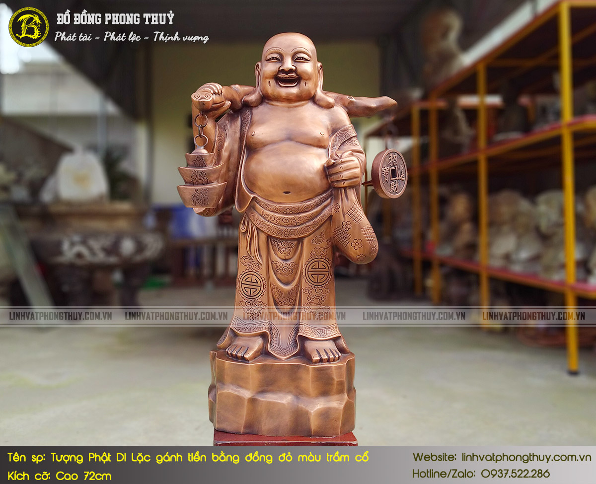 tượng Phật Di Lặc gánh tiền bằng đồng đỏ màu trầm cổ cao 72cm