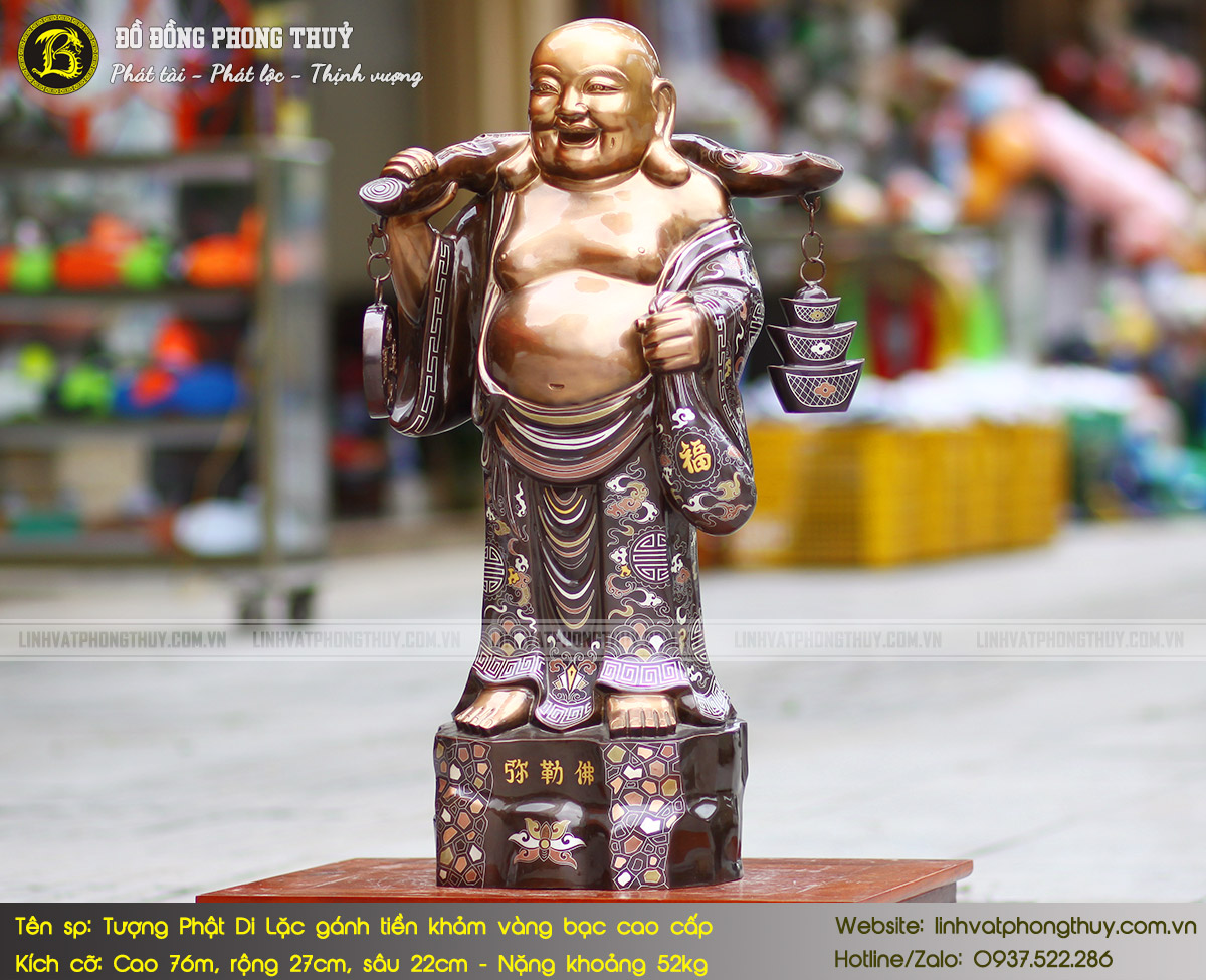 Tượng Phật Di Lặc Đứng Gánh Tiền Bằng Đồng Khảm Vàng Bạc Cao 76cm - TDL003 3