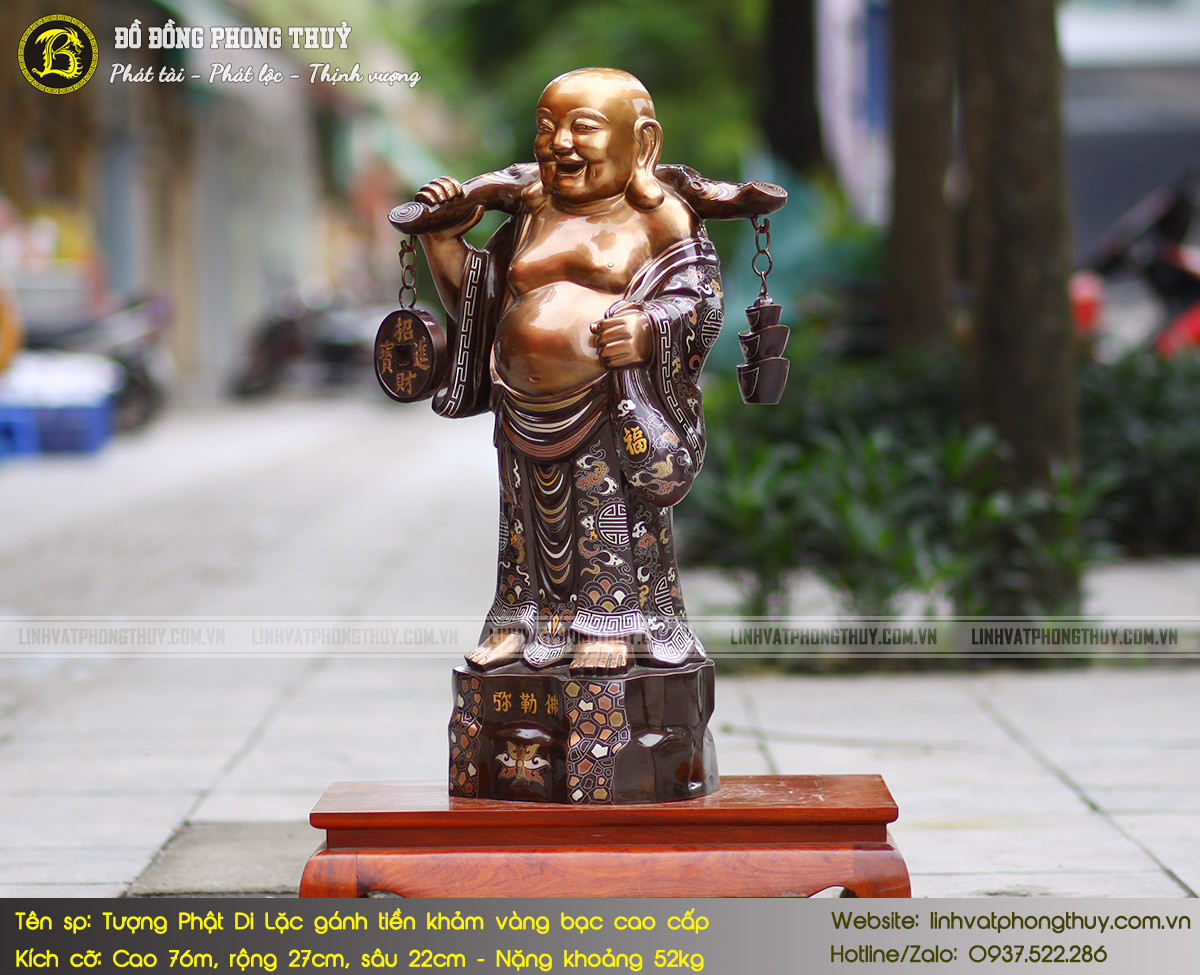 Tượng Phật Di Lặc Đứng Gánh Tiền Bằng Đồng Khảm Vàng Bạc Cao 76cm - TDL003 4