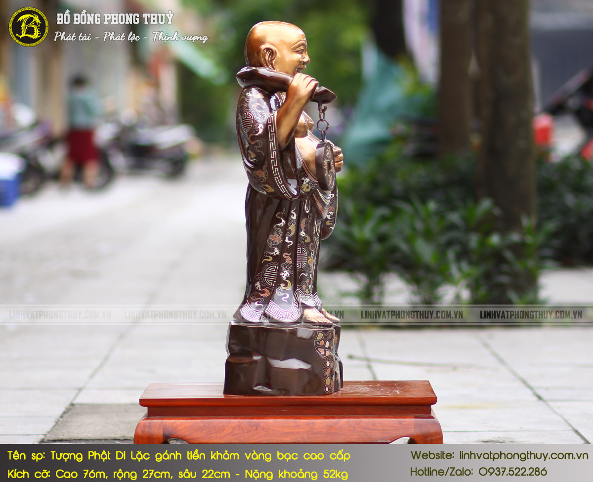 Tượng Phật Di Lặc Đứng Gánh Tiền Bằng Đồng Khảm Vàng Bạc Cao 76cm - TDL003 6