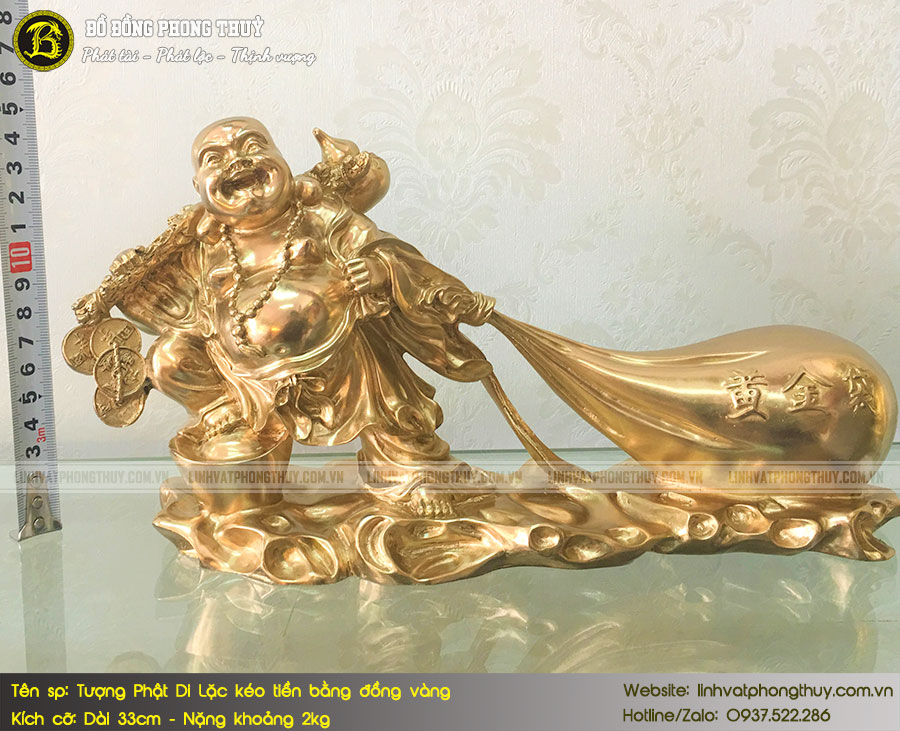 Tượng Phật Di Lặc kéo tiền bằng đồng vàng dài 33cm