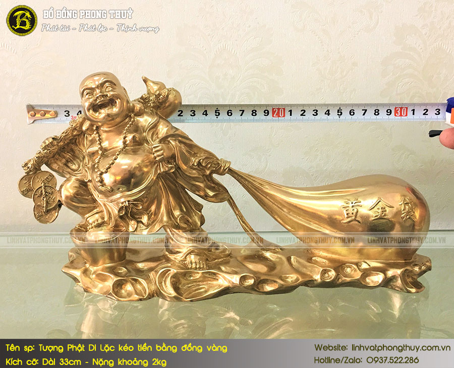 Tượng Phật Di Lặc Kéo Tiền Bằng Đồng Vàng Dài 33cm - TDL016 2