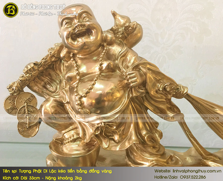 Tượng Phật Di Lặc kéo tiền bằng đồng vàng dài 33cm