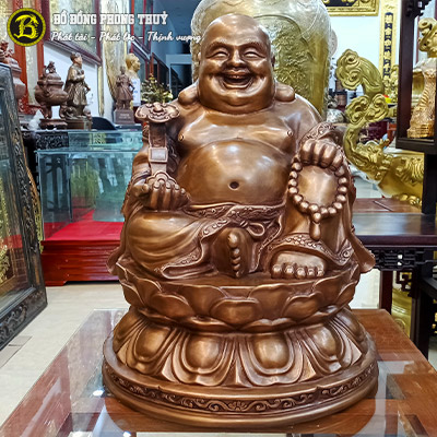 Tượng Phật Di Lặc Ngồi Bệ Sen Bằng Đồng Đỏ Màu Trầm Cổ Cao 48cm - TDL008
