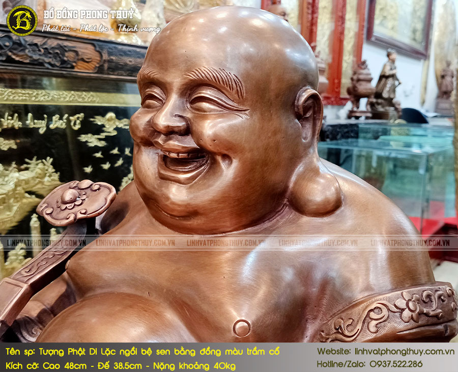 Tượng Phật Di Lặc Ngồi Bệ Sen Bằng Đồng Đỏ Màu Trầm Cổ Cao 48cm - TDL008 3