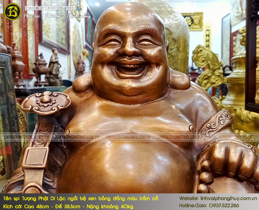 tượng Phật Di Lặc ngồi bệ sen bằng đồng đỏ màu trầm cổ cao 48cm