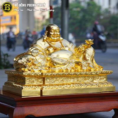 Tượng Phật Di Lặc Ngồi Bệ Sen Bằng Đồng Đỏ Cao 35cm Dát Vàng 9999 - TDL005