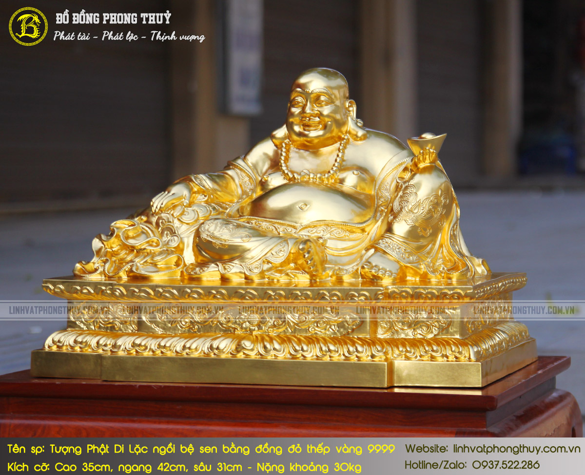 Tượng Phật Di Lặc Ngồi Bệ Sen Bằng Đồng Đỏ Cao 35cm Dát Vàng 9999 - TDL005 4