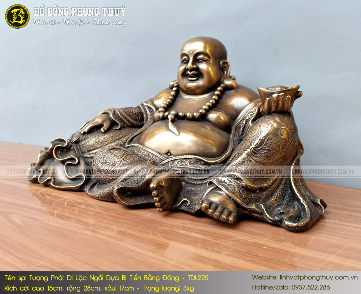 Tượng Phật Di Lặc Ngồi Dựa Bị Tiền Bằng Đồng Dài 28cm - TDL225 3