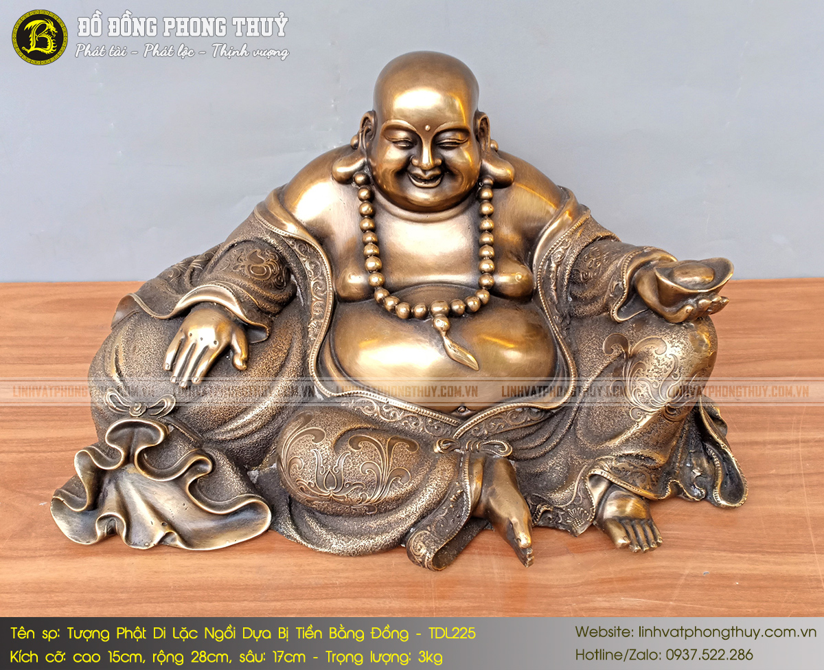 Tượng Phật Di Lặc Ngồi Dựa Bị Tiền Bằng Đồng Dài 28cm - TDL225 5