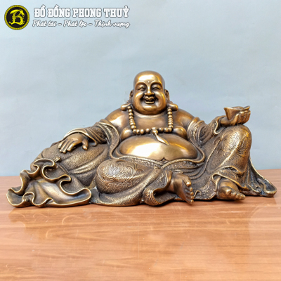 Tượng Phật Di Lặc Ngồi Dựa Bị Tiền Bằng Đồng Dài 28cm - TDL225